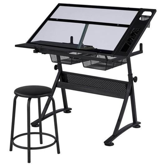Adjustable Glass Drafting Table with Tilting Top & Storage Drawer — side view