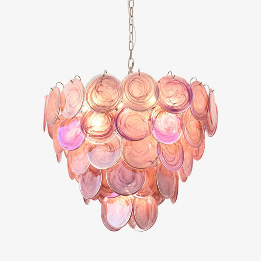 Pink Glass Disc Chandelier with Soft Light — side view