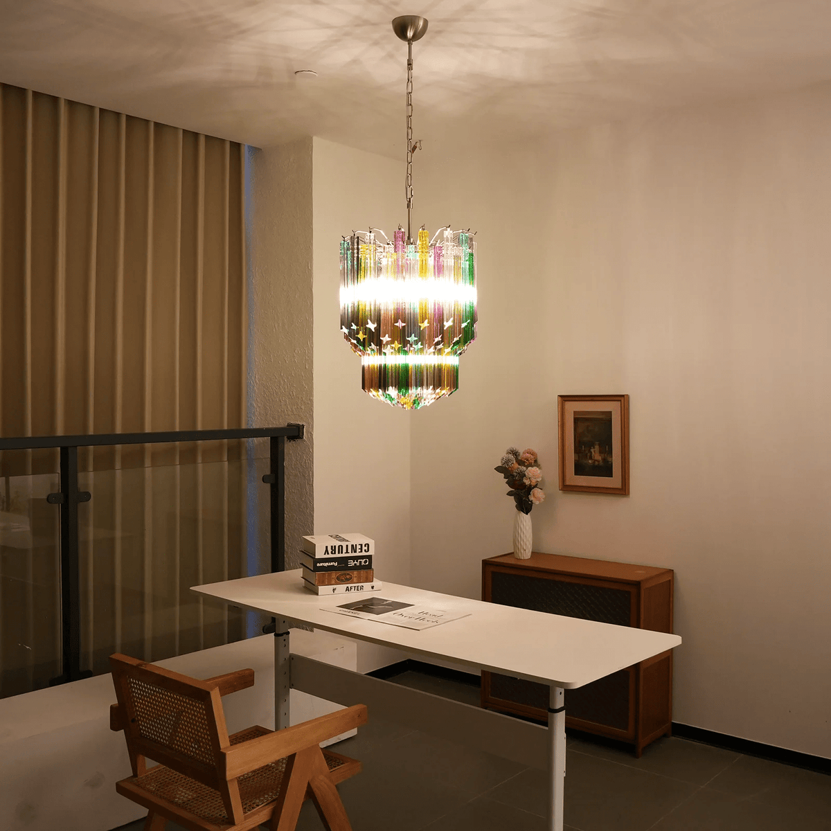 Colorful Prismatic Glass Chandelier with Adjustable Height