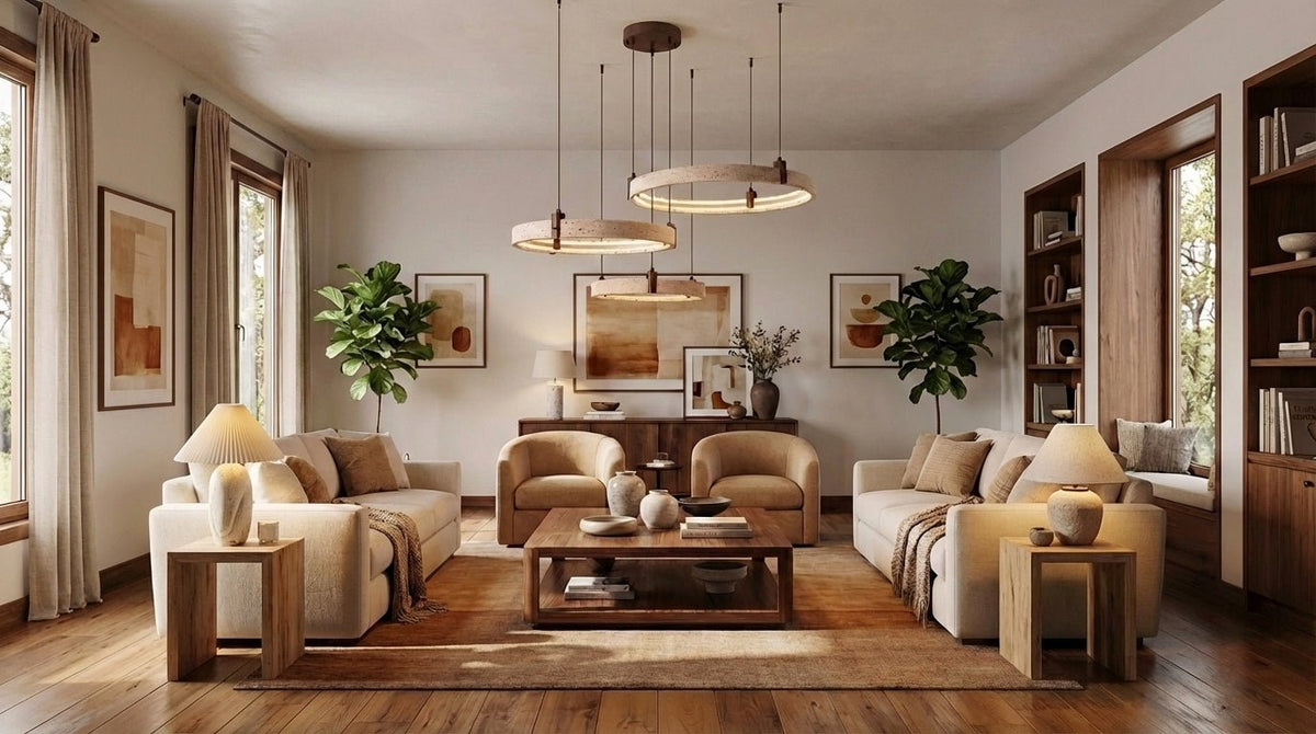 Celestial Orbit Travertine Chandelier with Adjustable Height