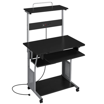 3-Tier Rolling Computer Desk with Power Outlet & Storage Shelves — detail view