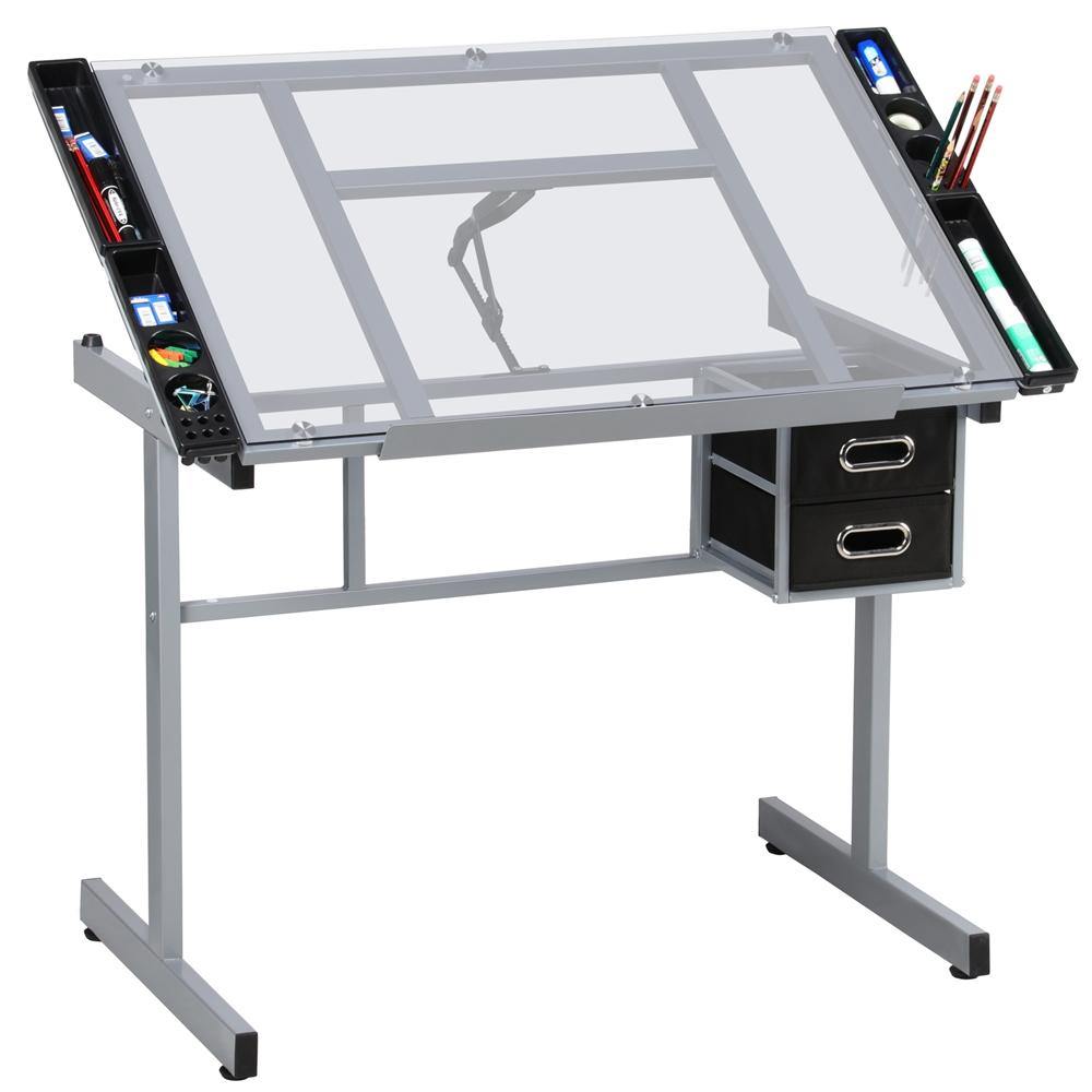 Tinted Glass Drafting Table with Light-Table Function & Storage — detail view