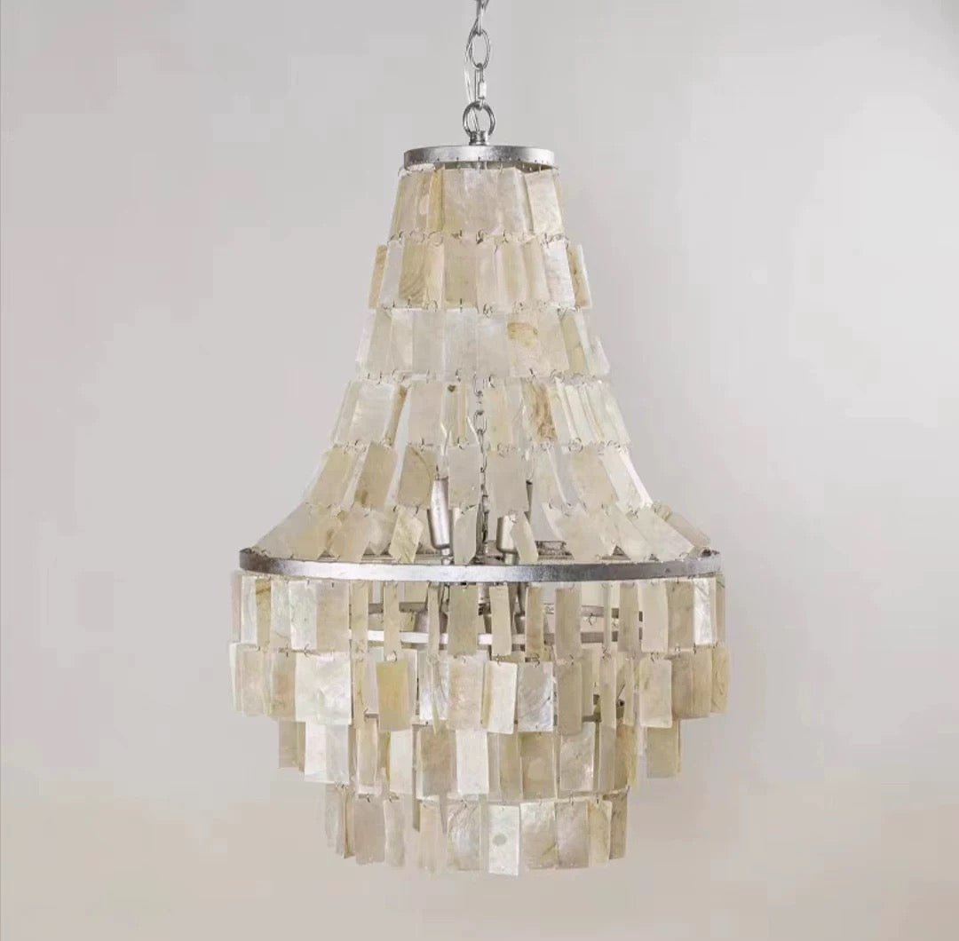 Boho Shell Tiered Chandelier, Coastal Decor — front view
