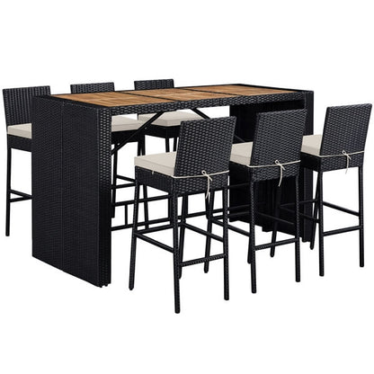 7-Piece Outdoor Bar Set with Acacia Wood Table & Rattan Chairs — alternate angle