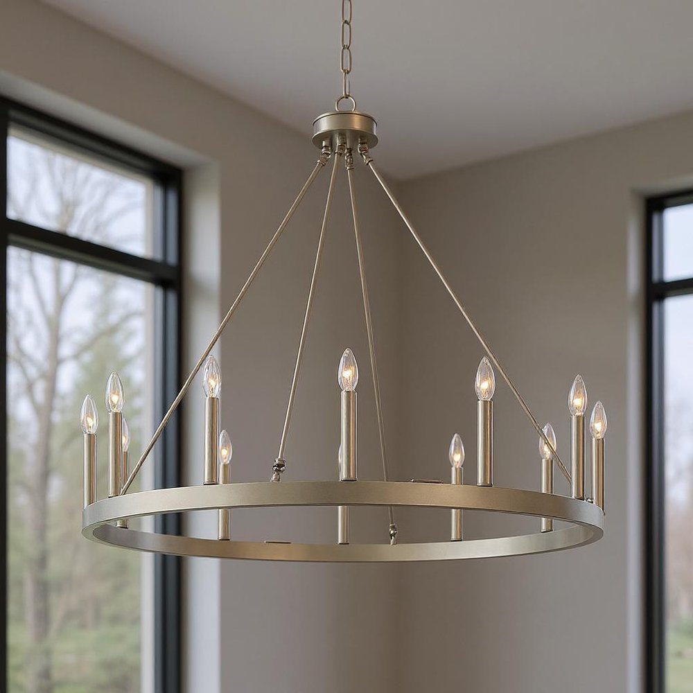 Dimmable Silver Twelve-Light Metal Chandelier with Elegant Candle Desi — front view