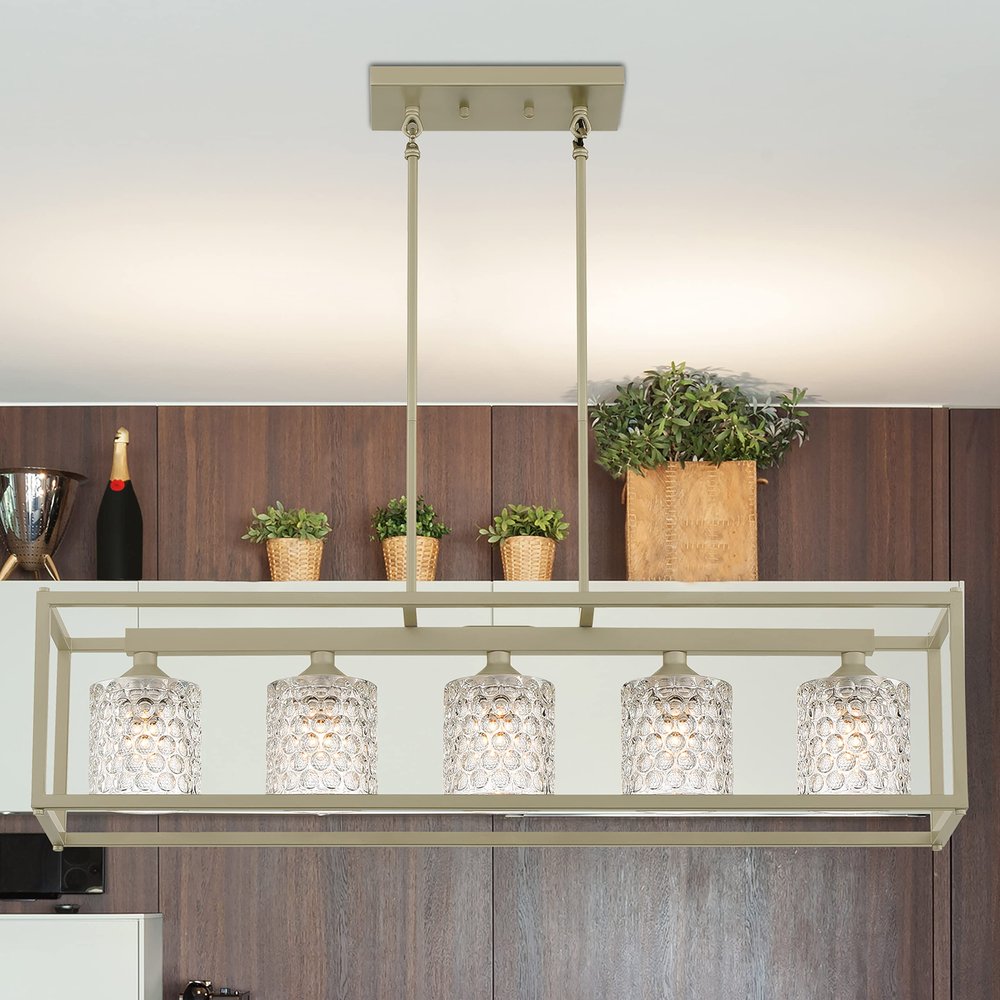 Silver Five-Light Dimmable Chandelier with Clear Shades for Kitchen Is