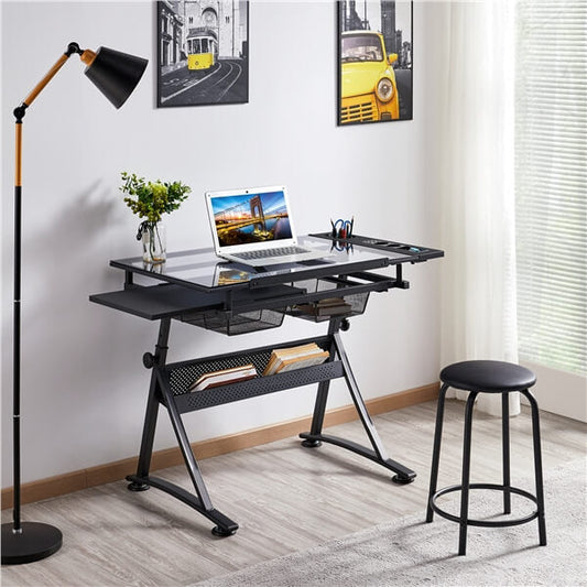 Adjustable Glass Drafting Table with Tilting Top & Storage Drawer — front view