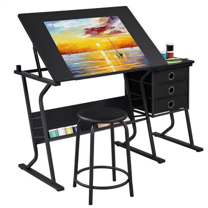 Adjustable Drafting Table with Tilting Surface & Fabric Drawers — detail view
