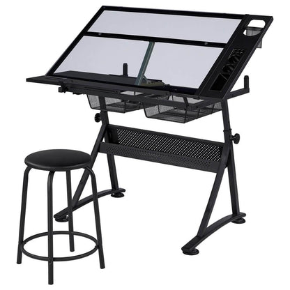 Adjustable Glass Drafting Table with Tilting Top & Storage Drawer — side view