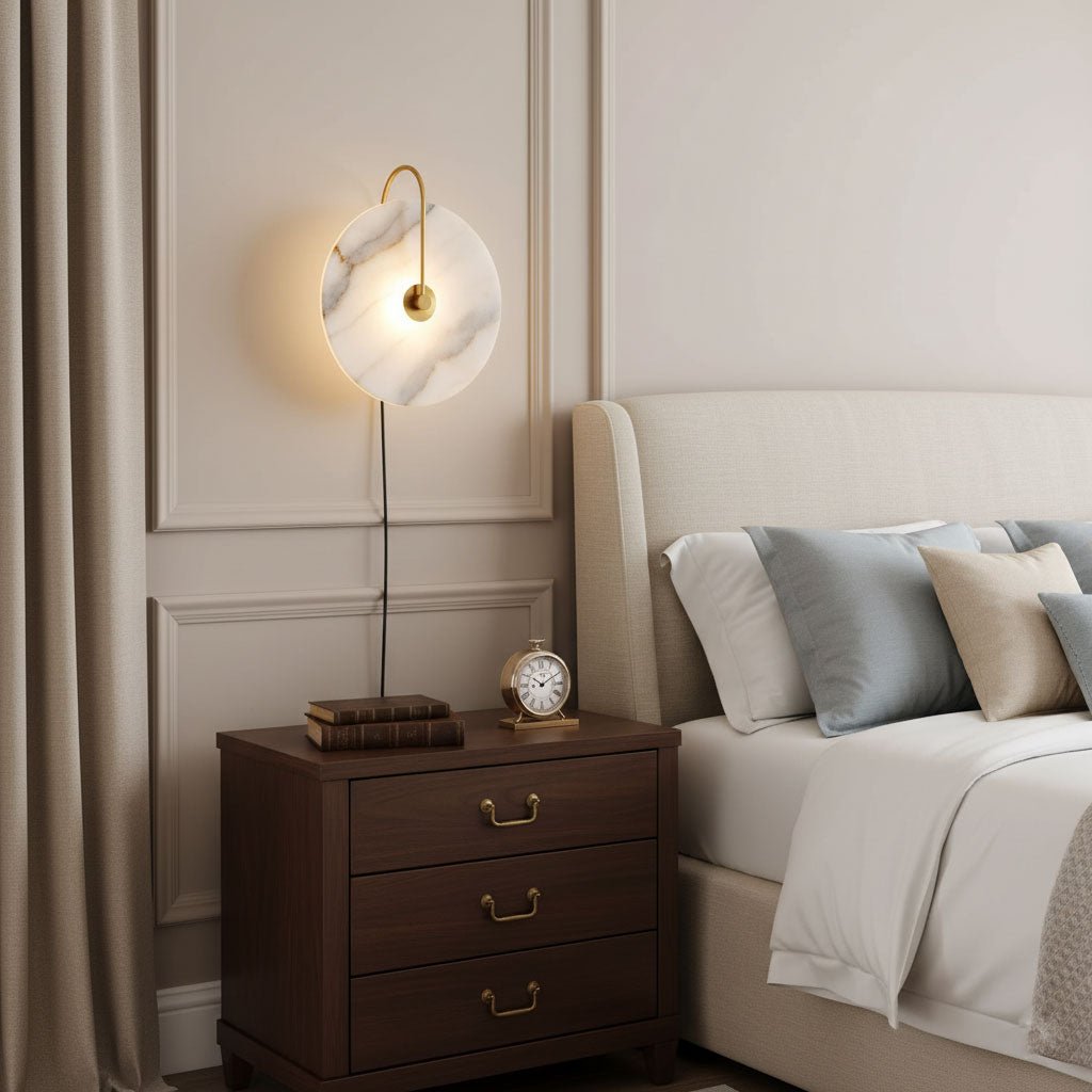 Alabaster LED Plug-In Wall Lamp, Dimmable — lifestyle view