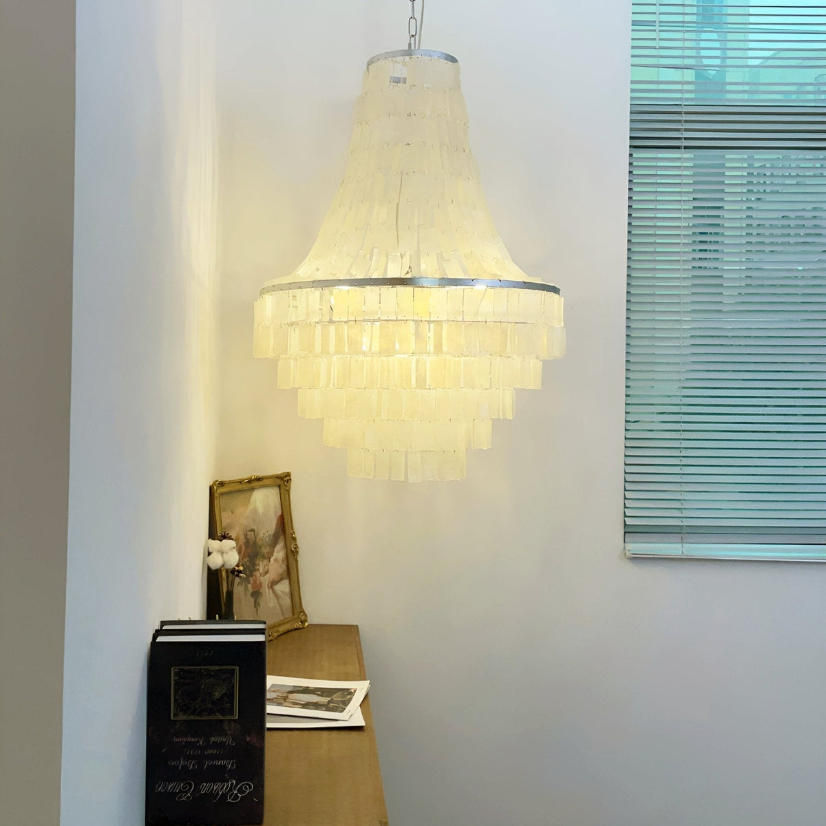 Boho Shell Tiered Chandelier, Coastal Decor — alternate angle
