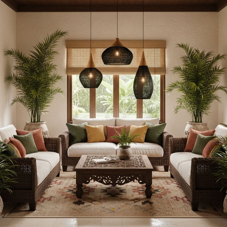 Braided Rattan Pendant Lamp, Eco-Friendly Design — detail view
