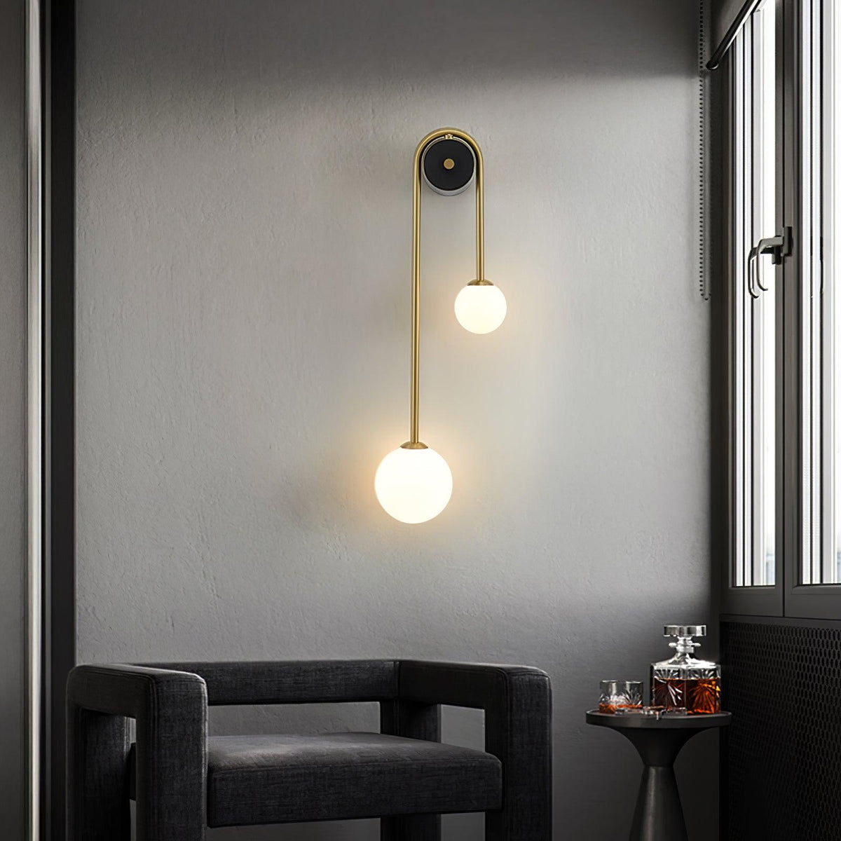 Brass Arc Wall Light, Energy-Efficient LED — lifestyle view