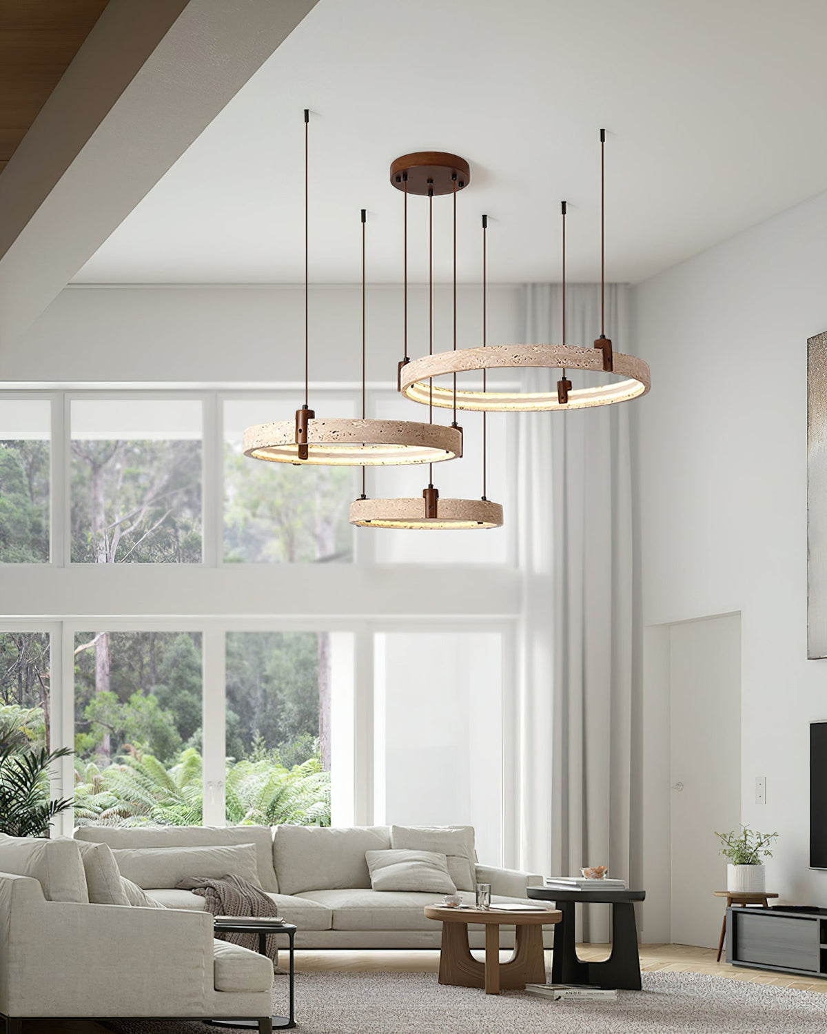 Celestial Orbit Travertine Chandelier with Adjustable Height