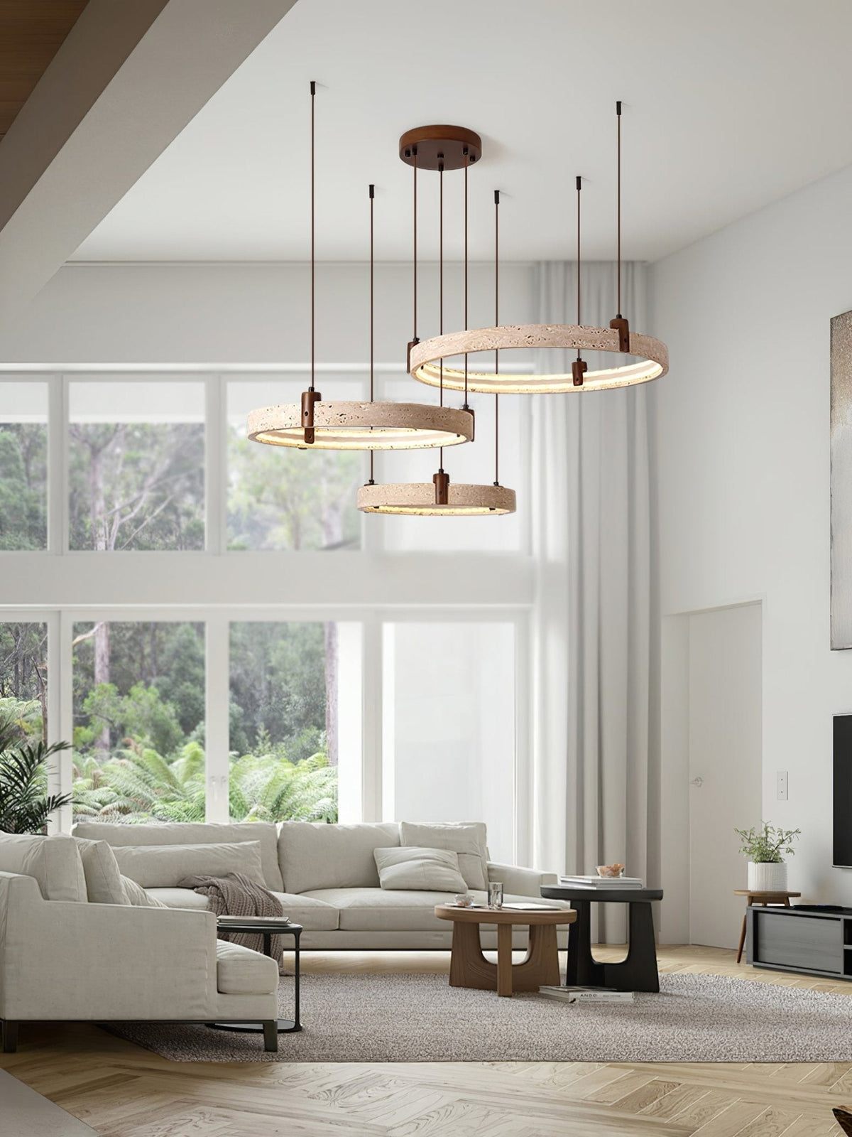 Celestial Orbit Travertine Chandelier with Adjustable Height