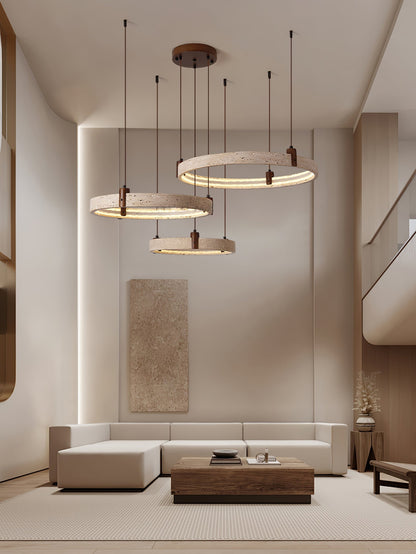 Celestial Orbit Travertine Chandelier with Adjustable Height