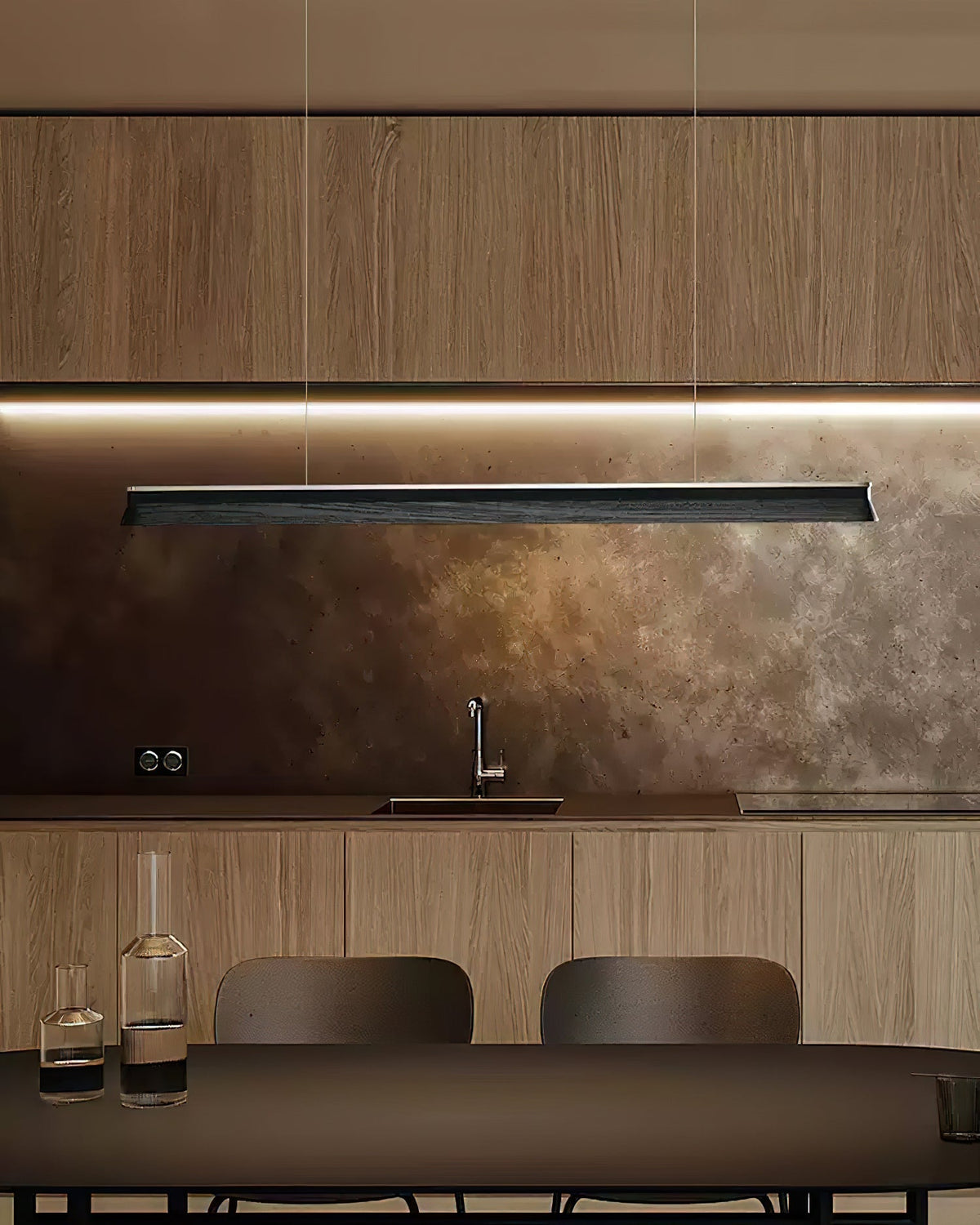 Slim Linear Wood Chandelier with Dimmable Light
