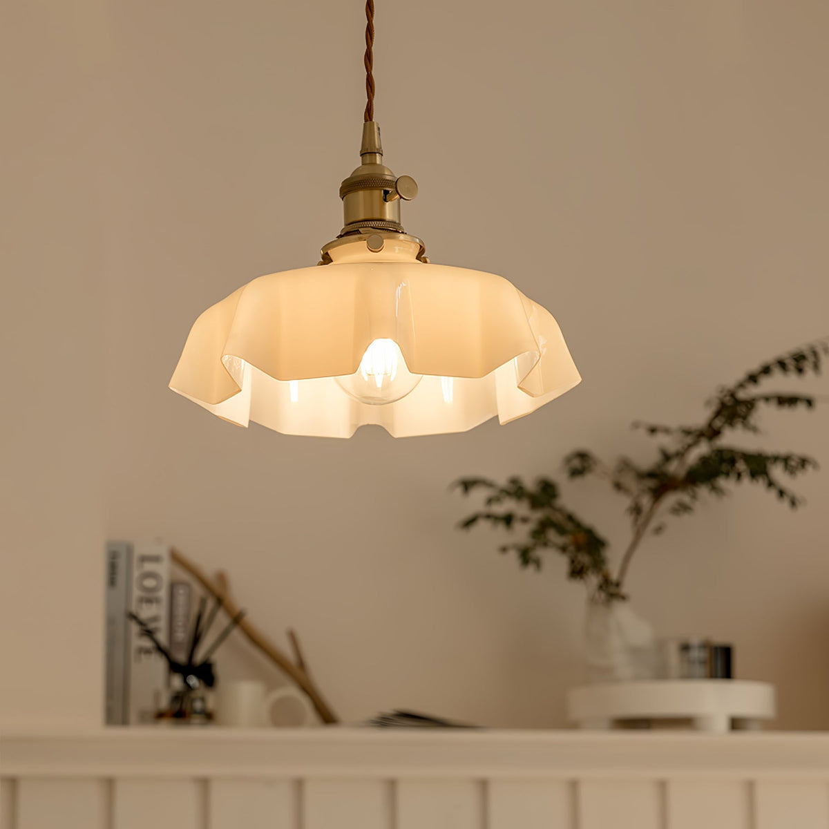 French-Style Flower Pendant Light, Soft Glow — side view