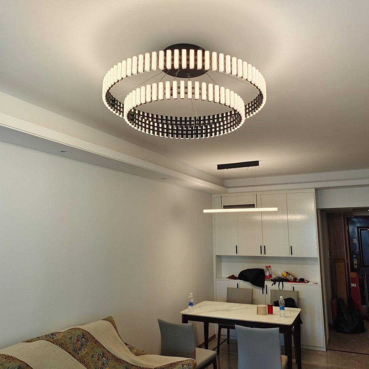 Modern Hanging LED Chandelier with Dimmable Brightness & Energy Efficiency — side view