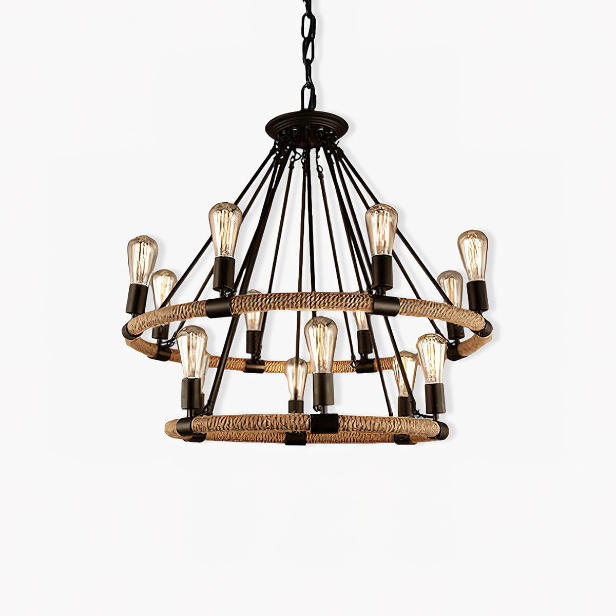 Industrial Hemp Rope Circle Chandelier, Large Scale — front view