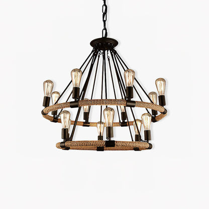 Industrial Hemp Rope Circle Chandelier, Large Scale — front view