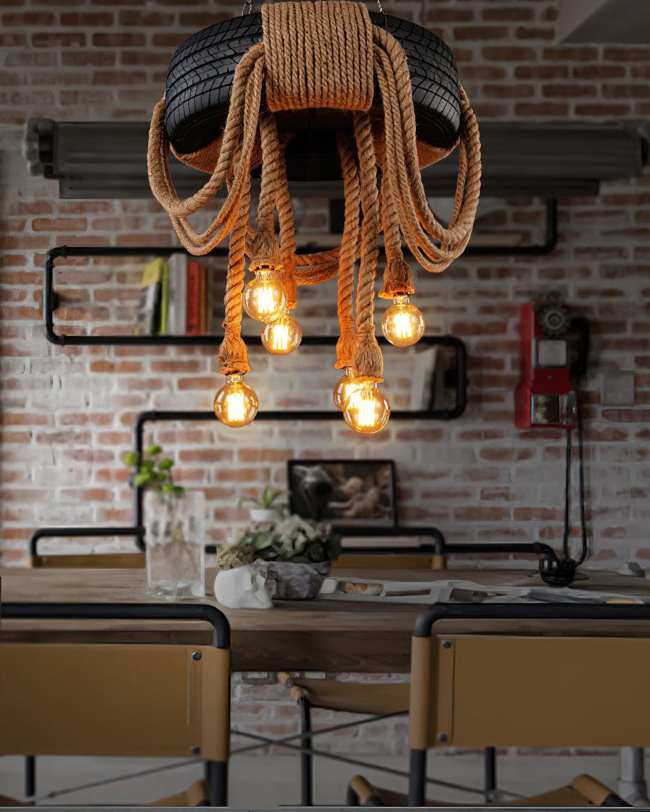 Industrial Hemp Rope Tire Chandelier, Eco-Friendly Design — front view