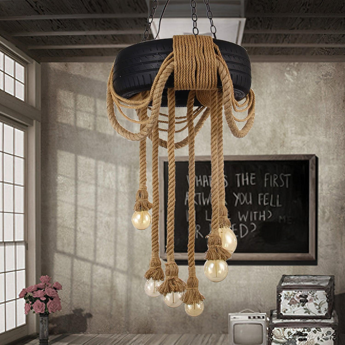 Industrial Hemp Rope Tire Chandelier, Eco-Friendly Design — detail view