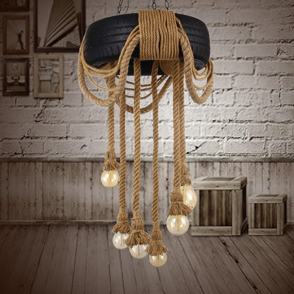 Industrial Hemp Rope Tire Chandelier, Eco-Friendly Design — side view