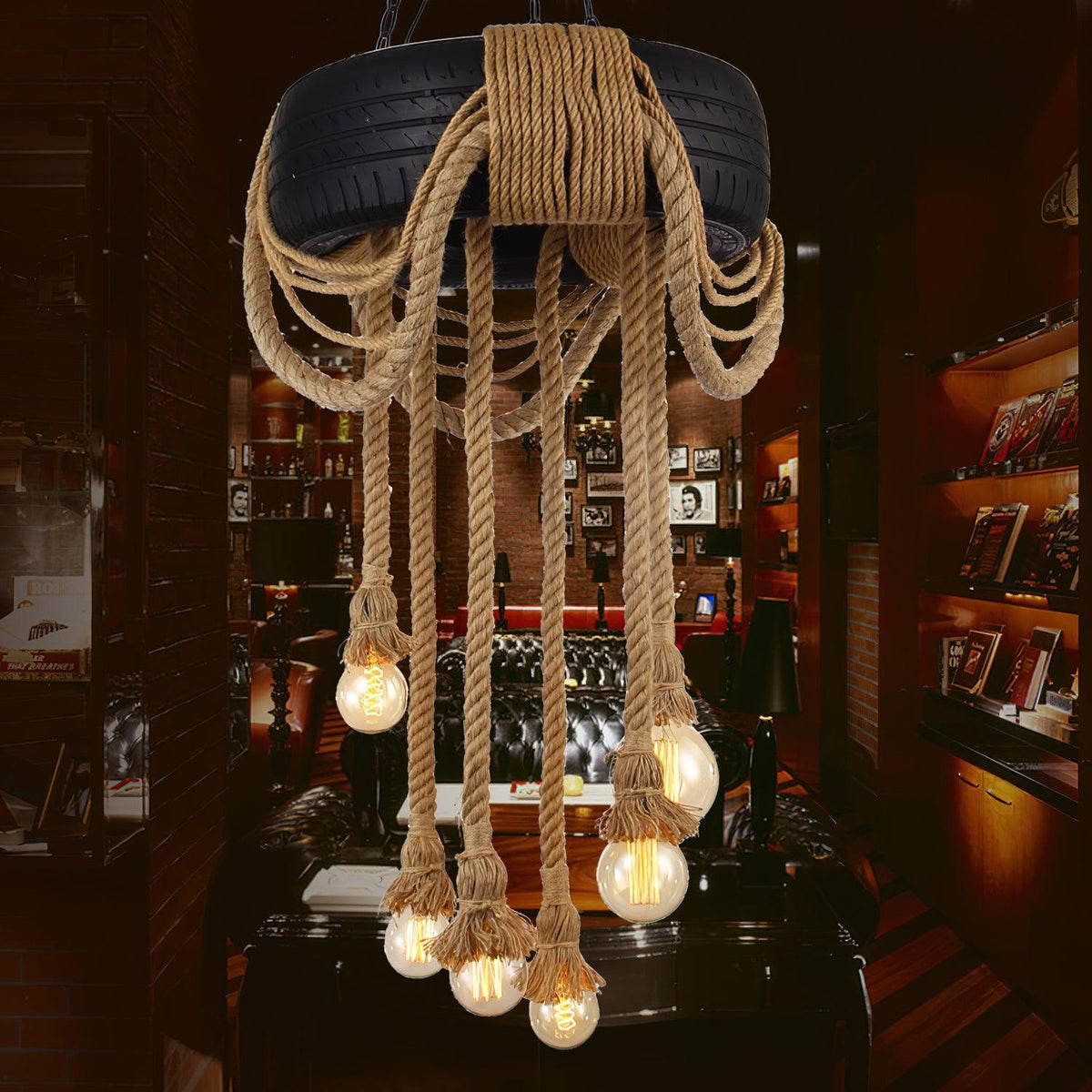 Industrial Hemp Rope Tire Chandelier, Eco-Friendly Design — alternate angle