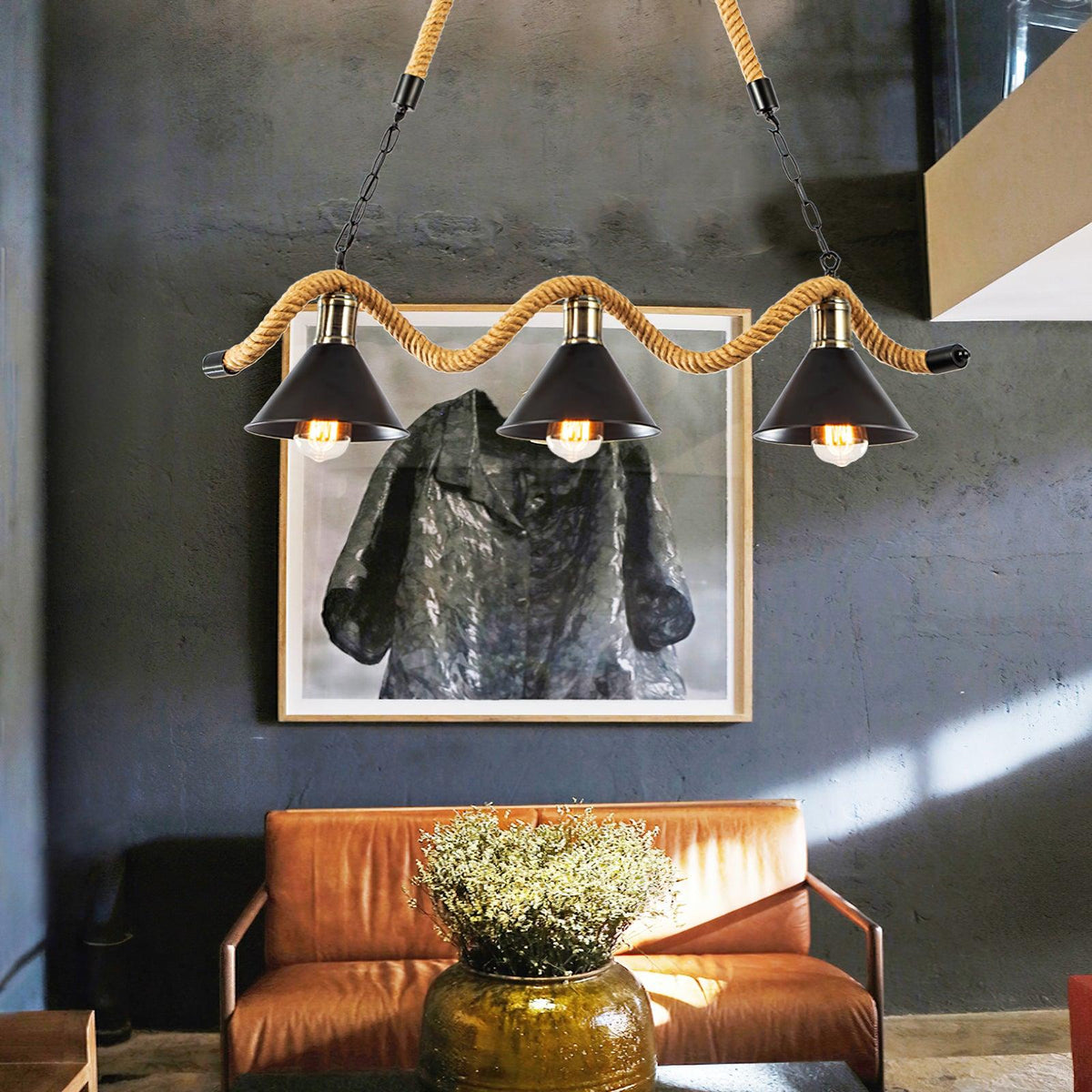 Industrial Hemp Rope Wave Chandelier, Unique Design — alternate angle