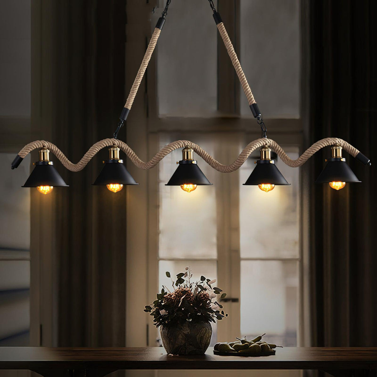 Industrial Hemp Rope Wave Chandelier, Unique Design — detail view