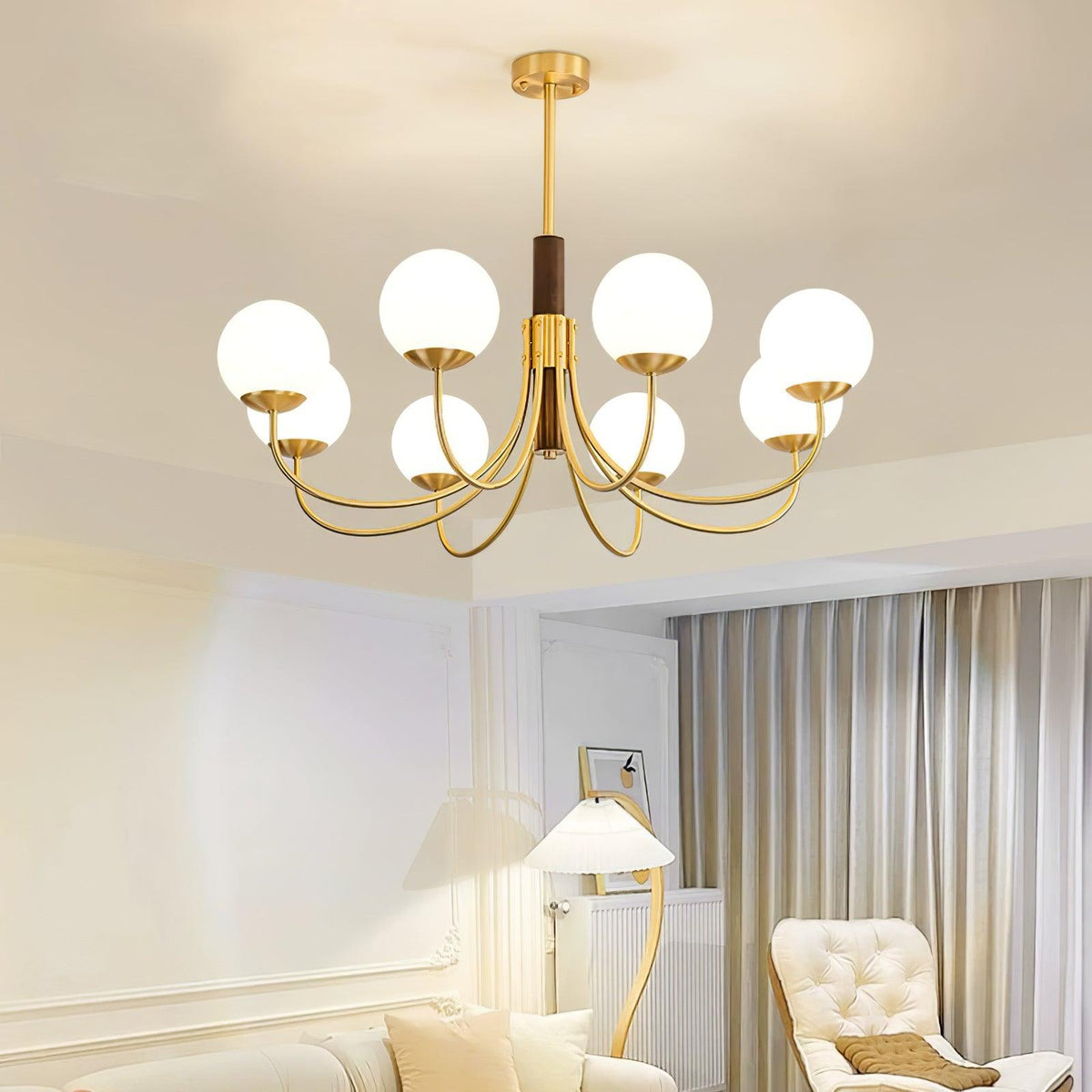 Midas Touch Walnut Sphere Chandelier with Adjustable Height — lifestyle view