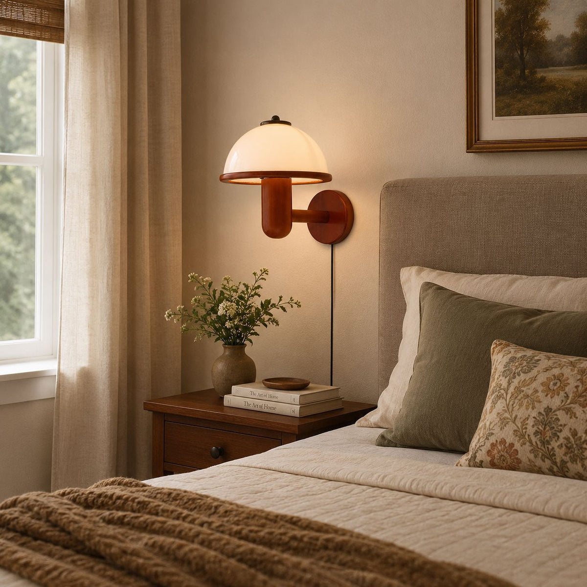 Mushroom-Shaped Wood Wall Lamp, Eco-Friendly — side view