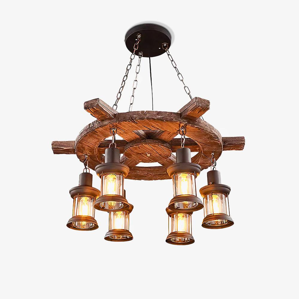 Nautical Industrial Wooden Chandelier with LED Compatibility — front view