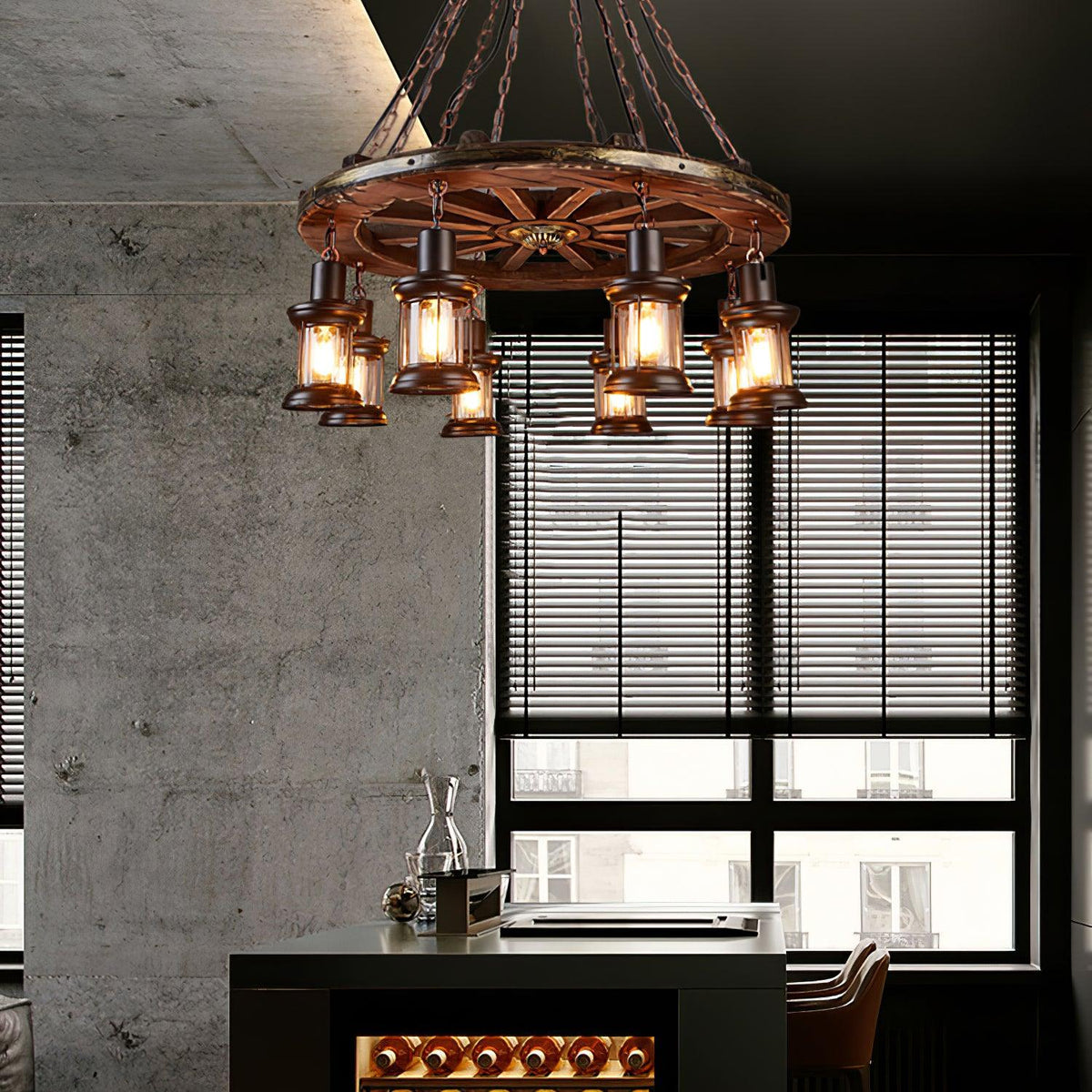 Nautical Industrial Wooden Chandelier with LED Compatibility — front view