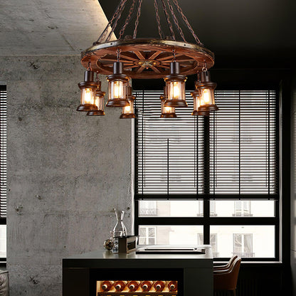 Nautical Industrial Wooden Chandelier with LED Compatibility — front view