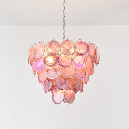 Pink Glass Disc Chandelier with Soft Light