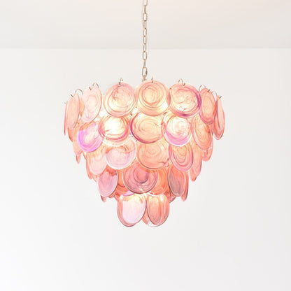 Pink Glass Disc Chandelier with Soft Light