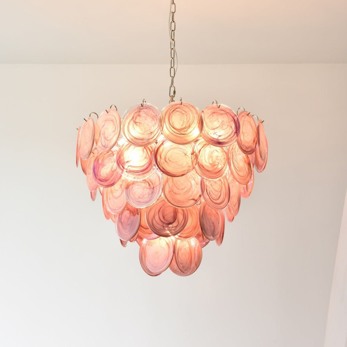 Pink Glass Disc Chandelier with Soft Light — alternate angle