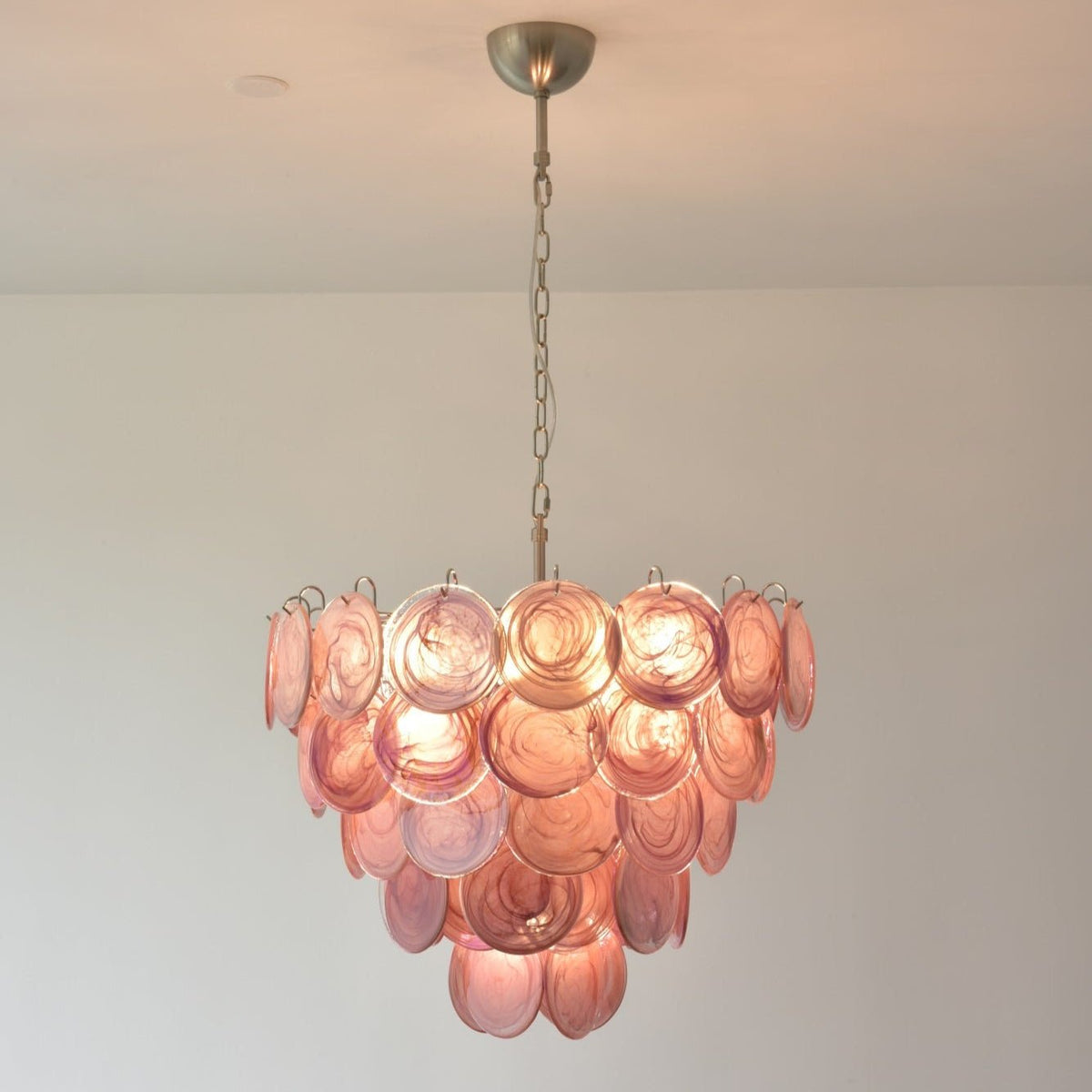 Pink Glass Disc Chandelier with Soft Light