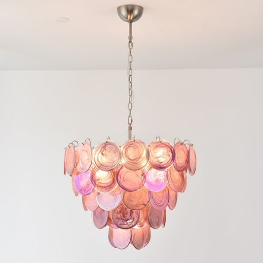 Pink Glass Disc Chandelier with Soft Light — front view