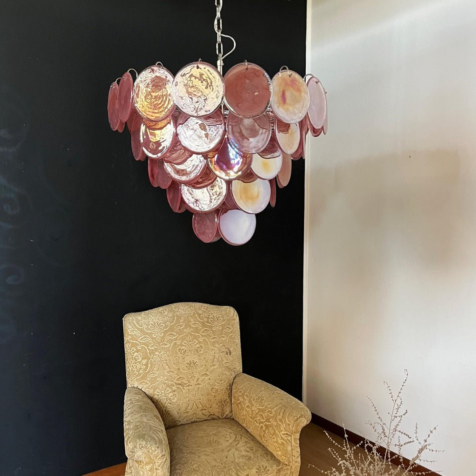 Pink Glass Disc Chandelier with Soft Light
