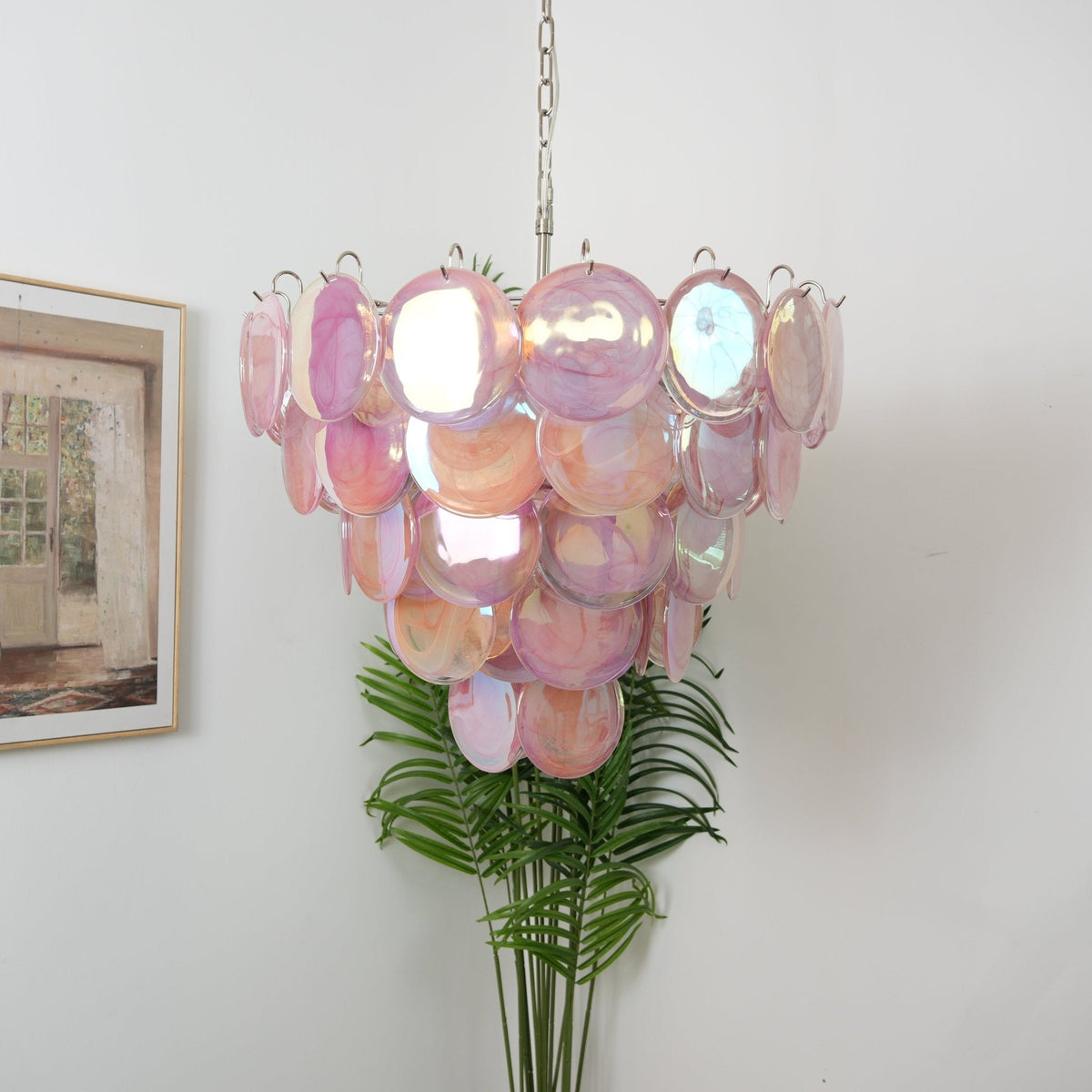 Pink Glass Disc Chandelier with Soft Light