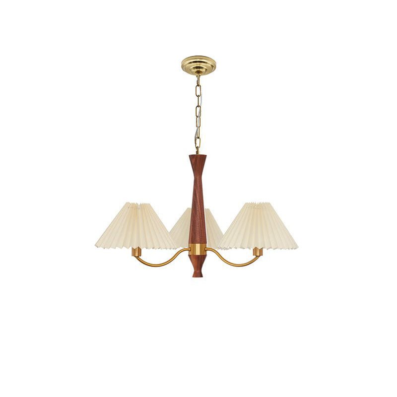 Pleated Walnut Chandelier with Soft Lighting — front view