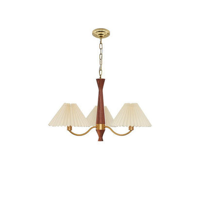 Pleated Walnut Chandelier with Soft Lighting — front view