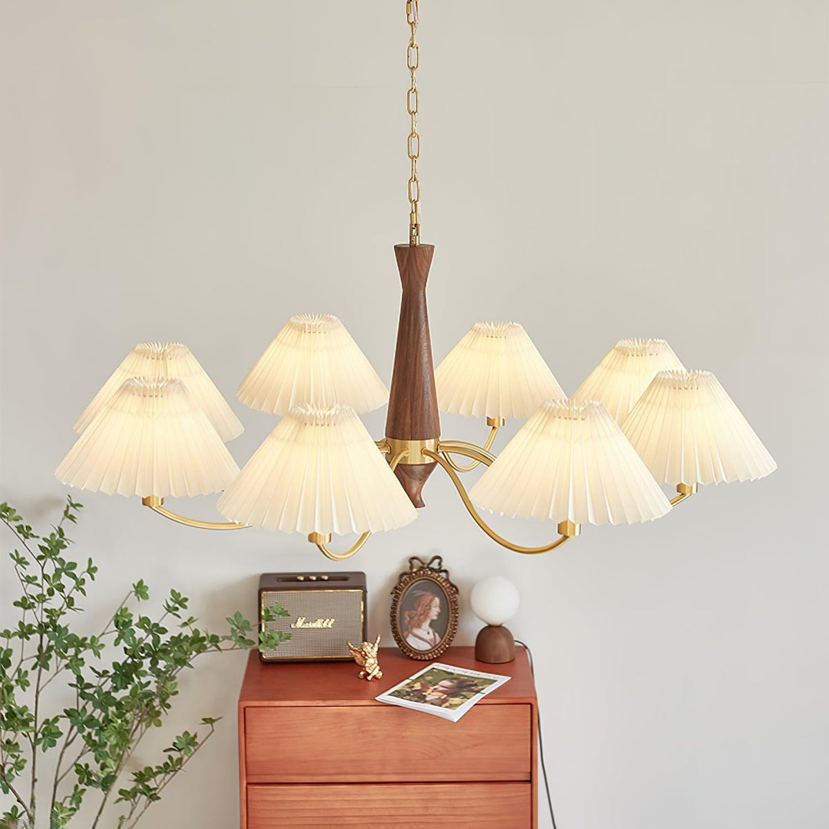 Pleated Walnut Chandelier with Soft Lighting — front view