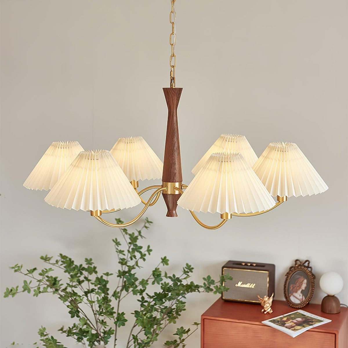 Pleated Walnut Chandelier with Soft Lighting — lifestyle view