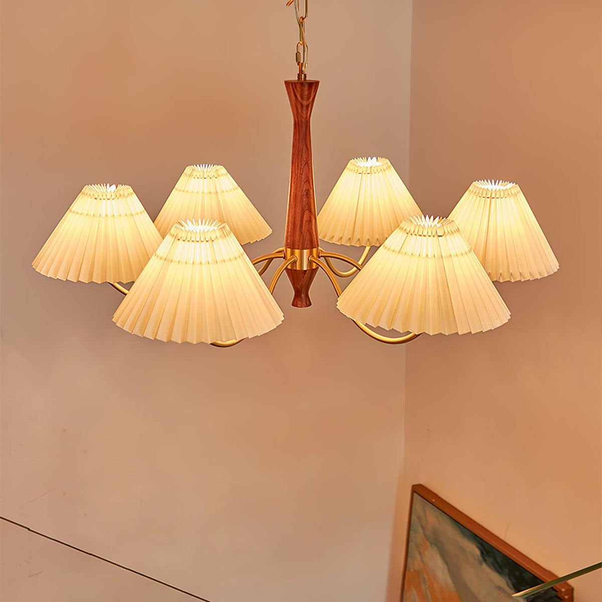 Pleated Walnut Chandelier with Soft Lighting - GPM