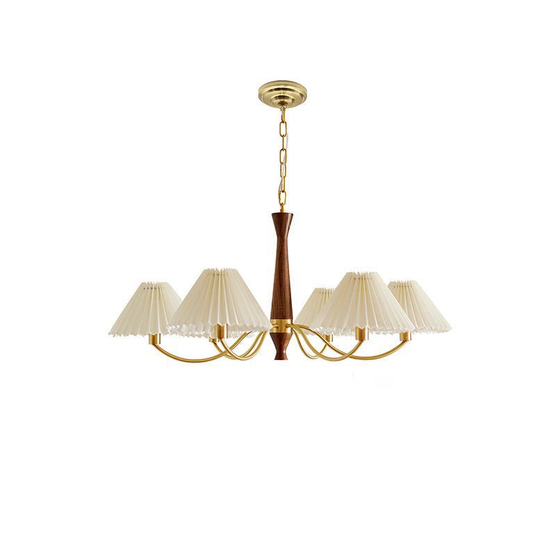 Pleated Walnut Chandelier with Soft Lighting — side view