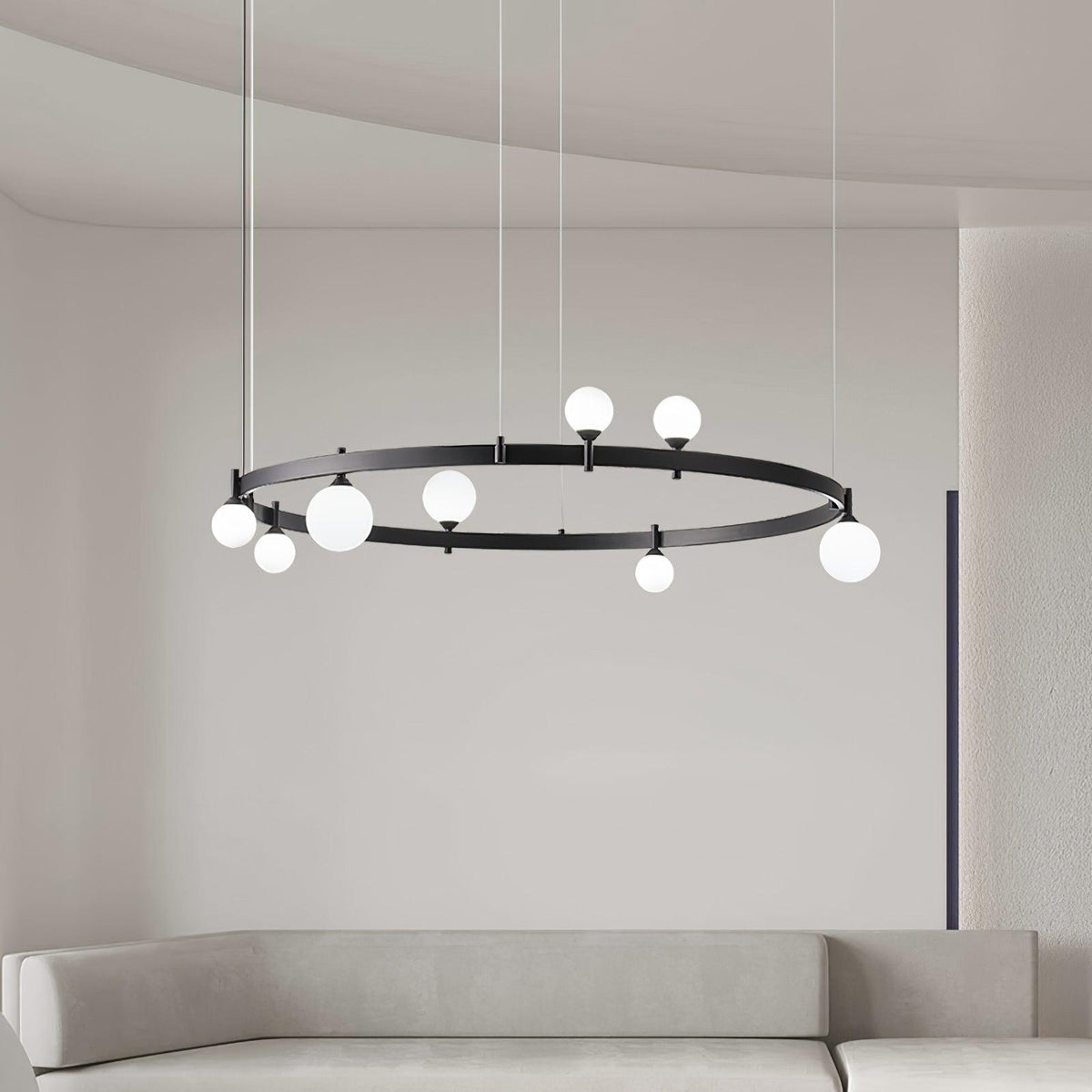 Black & White Round Chandelier with LED Illumination & Adjustable Height — detail view